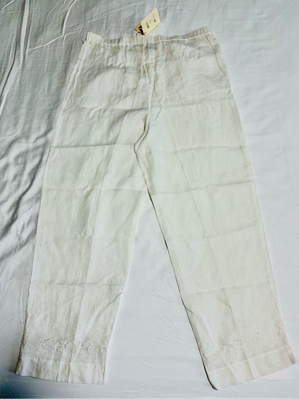 Irish Linen L NWT VTG Embroidered Straight Leg Linen Pants in White Lightweight - Picture 6 of 15